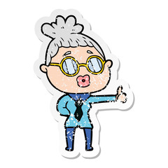 distressed sticker of a cartoon woman wearing spectacles