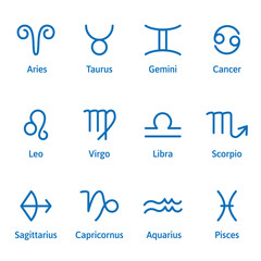 12 Zodiac sign with caption. Outline style. Set of simple icons. Blue on white background vector - 253694944