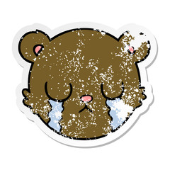 distressed sticker of a cute cartoon teddy bear face crying
