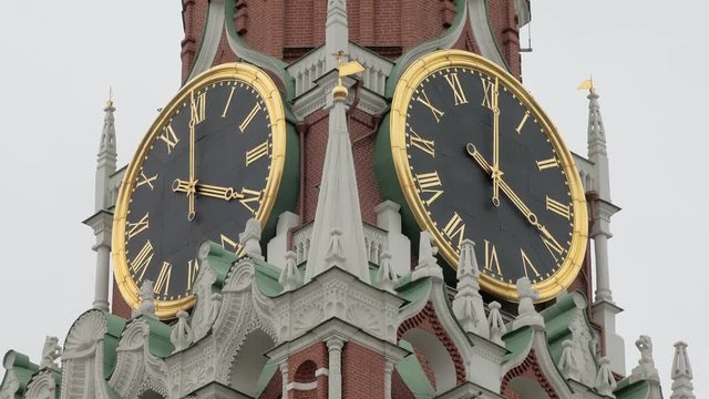 detail view of clock of Kremlin on Spasskaya Tower in Moscow