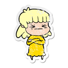 distressed sticker of a cartoon angry girl