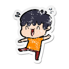 distressed sticker of a cartoon laughing boy