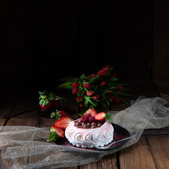 light pavlova with fresh fruits and chocolate