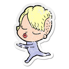 distressed sticker of a cartoon pretty hipster girl