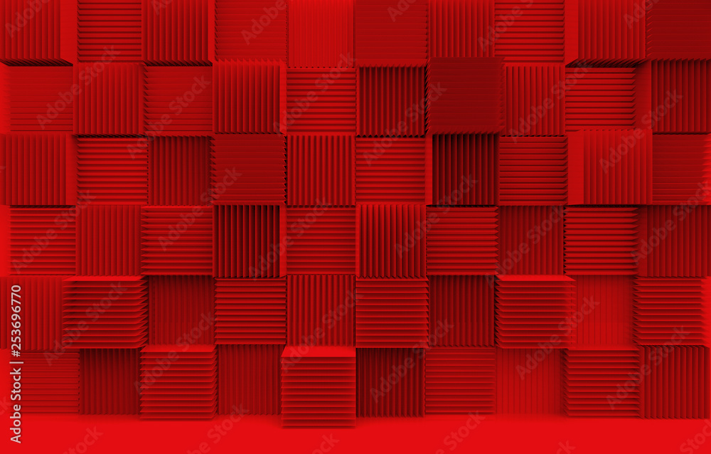 Poster 3d rendering. abstract stack of luxury art pattern red cube boxes wall background.