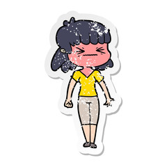 distressed sticker of a cartoon angry girl