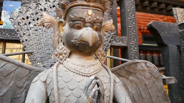 Ancient bronze and brass mythological sculptures and artifacts, Rudra Varna Mahavihar, unique golden buddhist temple in Lalitpur (Patan). World heritage site. Tibetan buddhism. Durbar Square, Nepal.