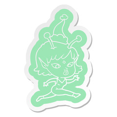 pretty cartoon  sticker of a alien girl running wearing santa hat