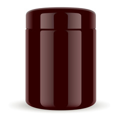 Brown Jar Isolated. Amber Cosmetic Bottle Mockup. Illustration of Realistic Round 3d Container for Sport Treatment, Cream, Nutrition, Vitamin. Gloss Glass Or Plastic Premium Package.