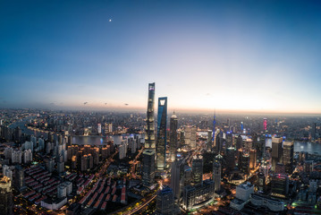 aerial view of Lujiazui, Shanghai, at sunset