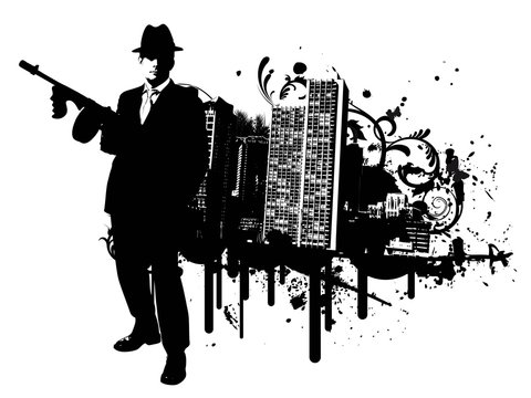 Mafia boss with machine gun stands in front of skyline of a city with design elements in the background