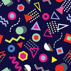 Vector of seamless repeat pattern with Memphis on navy background. Trendy Memphis style. Geometric different shapes. Design for textile, fabric, decoration, wallpaper, wrapping, scrapbook/ packaging