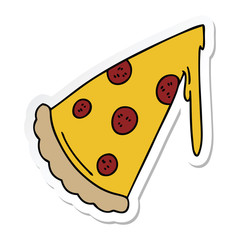 sticker of a quirky hand drawn cartoon slice of pizza