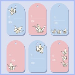 Set with origami paper swan gift tags. Vector labels collection