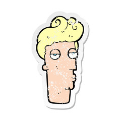 retro distressed sticker of a cartoon bored mans face