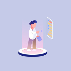 Man interacting with charts and analyzing statistics. Data visualization concept. - Vector