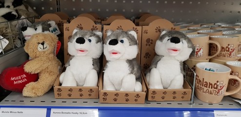 Finnish souvenirs toy huskies on sale in the store
