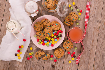 Candy coated cookies.