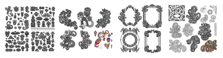 black line art ornate flower design collection, ukrainian