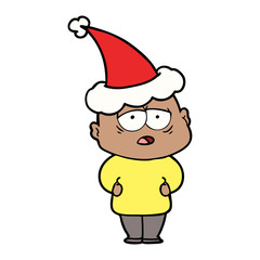 line drawing of a tired bald man wearing santa hat