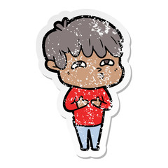distressed sticker of a cartoon curious man