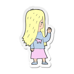 sticker of a cartoon girl with pony shirt waving