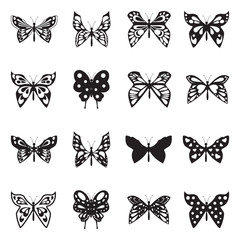 Butterfly Icons. Black Flat Design. Vector Illustration.