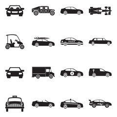Car Icons. Black Flat Design. Vector Illustration.