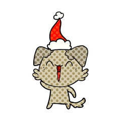 waving little dog comic book style illustration of a wearing santa hat