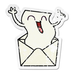 distressed sticker of a quirky hand drawn cartoon happy letter