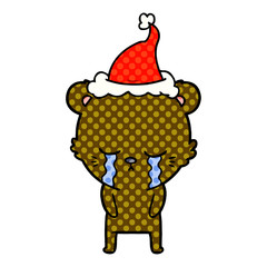 crying comic book style illustration of a bear wearing santa hat