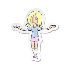 retro distressed sticker of a cartoon woman shrugging shoulders