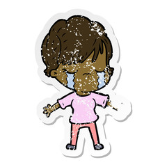 distressed sticker of a cartoon woman crying