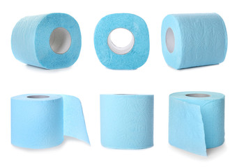 Set of toilet paper rolls on white background