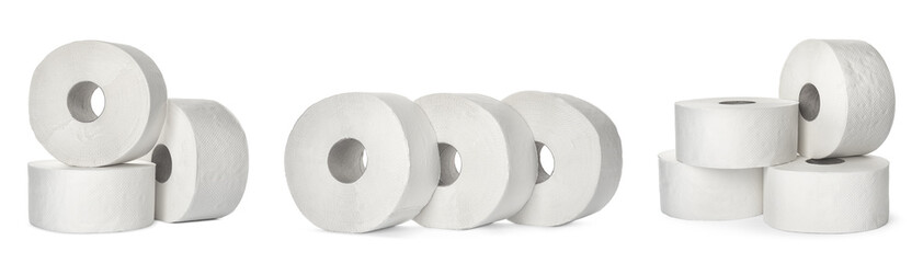 Set of toilet paper rolls on white background