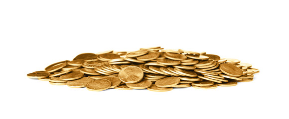 Pile of shiny USA coins on white background