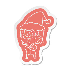cartoon  sticker of a woman wearing santa hat