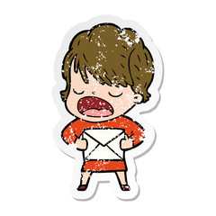 distressed sticker of a cartoon woman talking