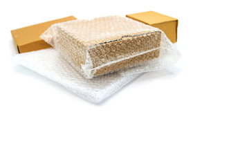 box and bubble wrap, for protection product cracked or insurance During transit isolated and white background copy space.