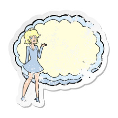 retro distressed sticker of a cartoon friendly woman with cloud text space
