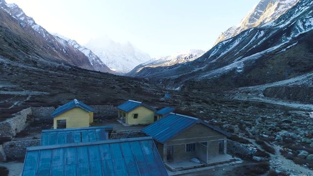 Aerial View Bhojbasa is situated at trekking distance of about 14km from main Gangotri. Halt for Gaumukh trek with plenty of temporary accommodation in Uttarakhand.At the distance of 4km from Gaumukh.