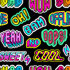 Seamless pattern with patches, stickers with words 'Oh', 'Bam', 'Offline', 'Oops', 'Squad', 'Yeah', 'Sweet', etc. Comic text style of 80-90s. Black background.