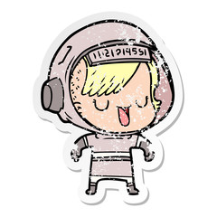 distressed sticker of a cartoon astronaut woman