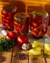 Preservation of tomatoes at home, in cans of marinade - boiled water, salt, vinegar.