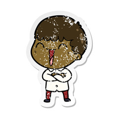 distressed sticker of a cartoon happy man