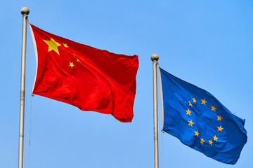 Naklejka na ściany i meble Chinese and European Union flags together