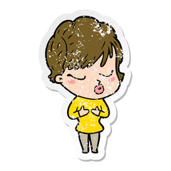 distressed sticker of a cartoon woman with eyes shut