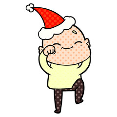 happy comic book style illustration of a bald man wearing santa hat
