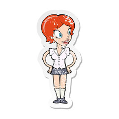 retro distressed sticker of a cartoon happy woman in short skirt