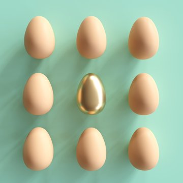Outstanding golden egg among natural eggs on green background. Minimal Easter idea.